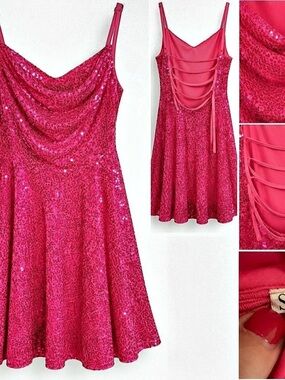 Hot Pink Sequin Cowl Neck Lace Up Back Mini Dress Size S
